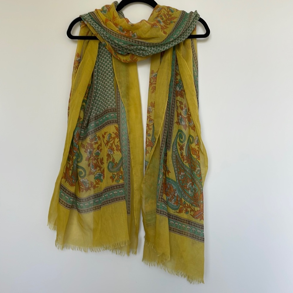 Floral & Paisley Lightweight Sheer Scarf or Wrap in Chartreuse, Brown, & Green